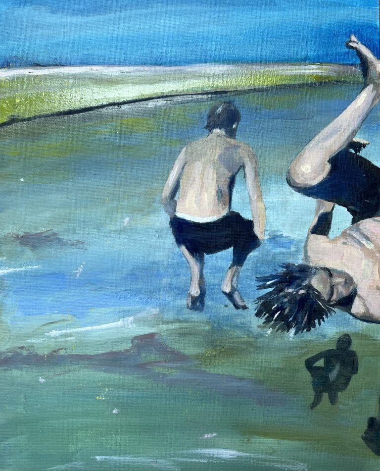 Origineel schilderij art van Angela van Marrewijk 24 x 30 cm paneel jongens springen in het water