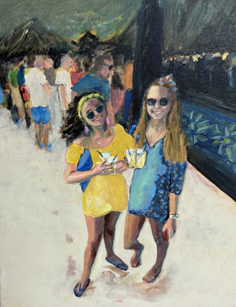 Origineel schilderij art van Angela van Marrewijk 24 x 30 cm twee tieners met drankjes op het strand