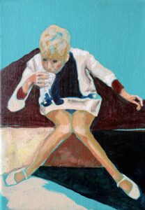 Origineel schilderij art van Angela van Marrewijk vrouw x beentjes 21 x 30 cm op doek op doek jaren 70 schilderij