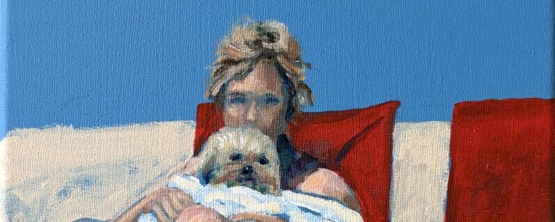 Origineel schilderij art van Angela van Marrewijk vrouw op strand met hond op doek 30 x 25 cm