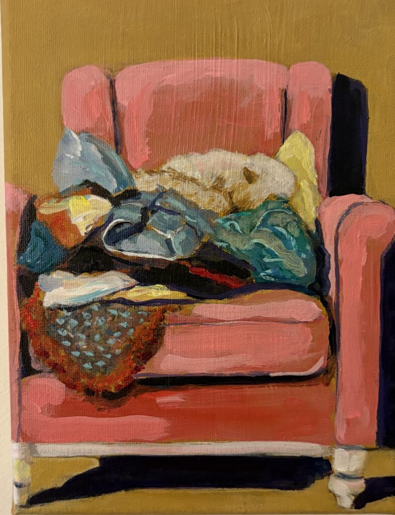 stoel met was schilderij angela van marrewijk 18x24x4 cm acryl op doek