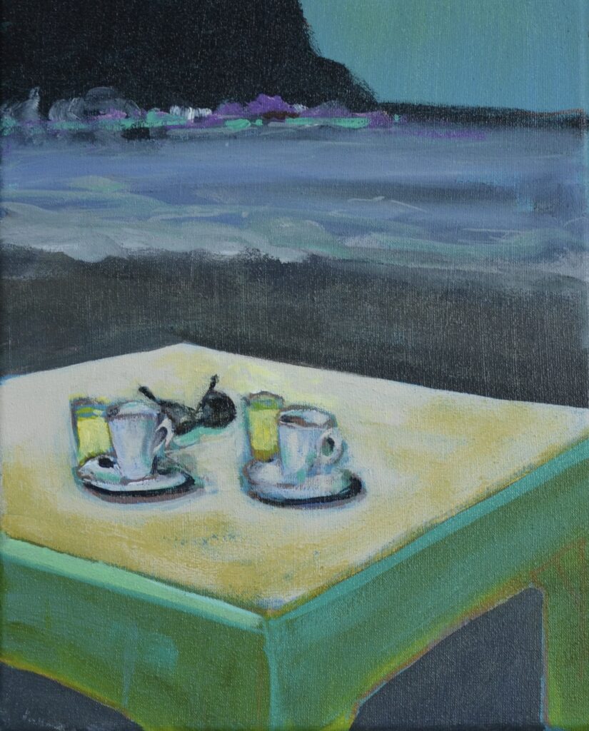 orgineel schilderij door angela van marrewijk 24 x 29 cm op doek acryl golden open koffiekopjes op terras