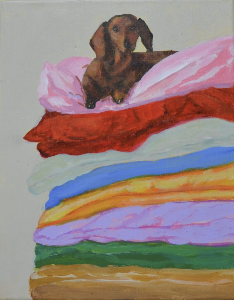 orgineel schilderij door angela van marrewijk 24 x 29 cm op doek acryl golden open teckel op kussens hond dog
