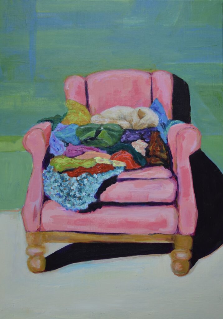 orgineel schilderij door angela van marrewijk 50 x 70 cm op doek acryl golden open roze stoel met kat poes