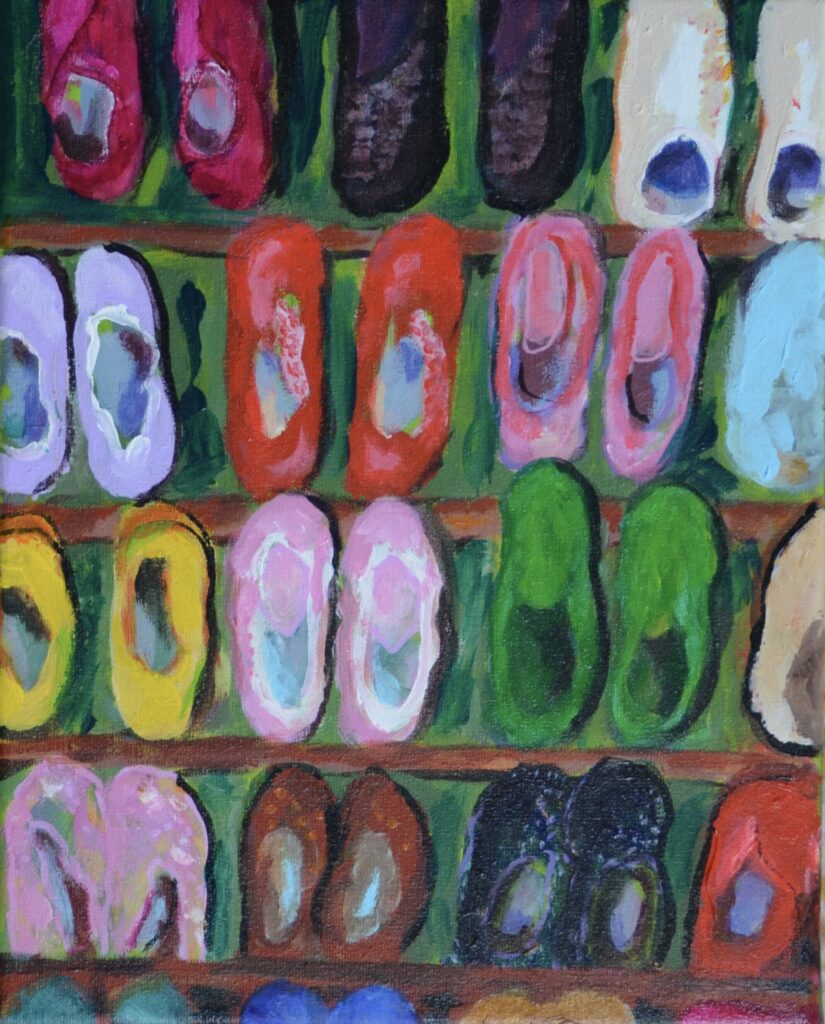 orgineel schilderij door angela van marrewijk 24 x 29 cm op doek acryl golden open gekleurde schoenen