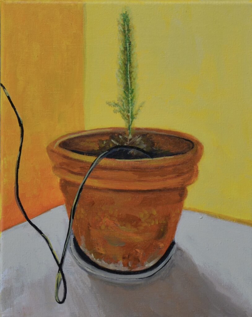 orgineel schilderij door angela van marrewijk 24 x 29 cm op doek acryl golden open terracotta pot met plantje en beregen systeem