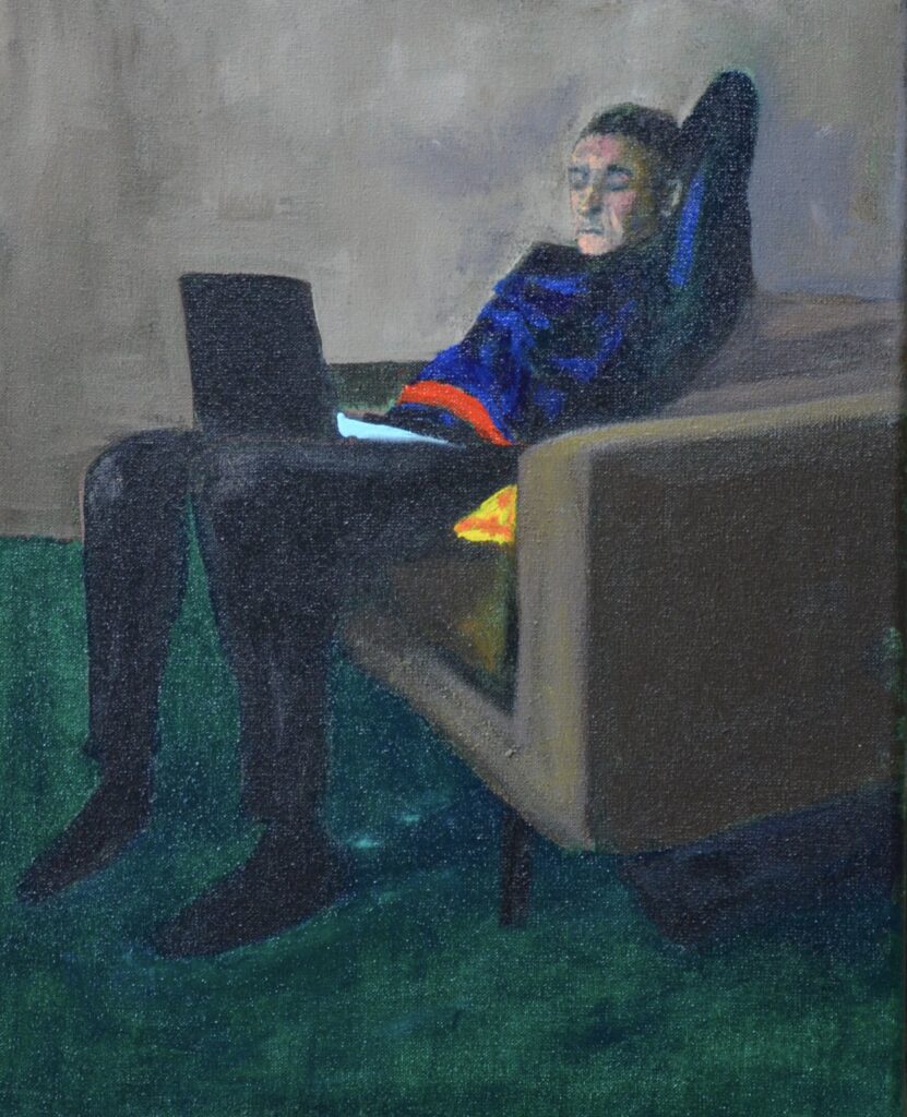 orgineel schilderij door angela van marrewijk 24 x 29 cm op doek acryl golden open man met laptop in het donker