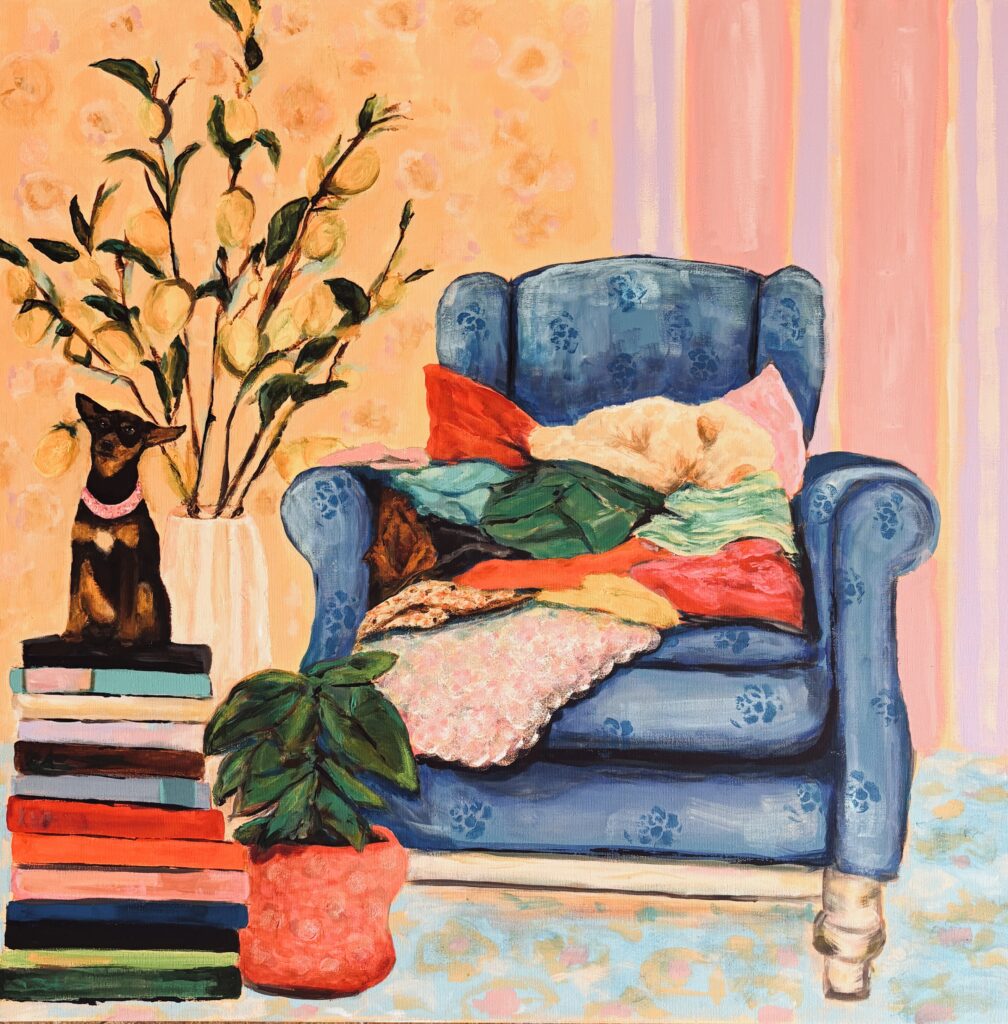 blauwe stoel schilderij 100 x 100 cm op doek Angela van Marrewijk